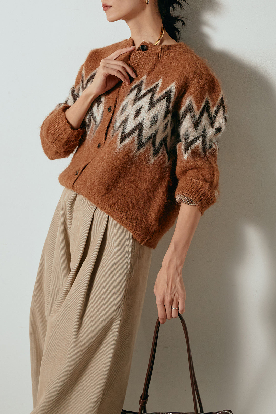 [SET]起毛ノルディック柄ニットカーディガン+フロントタック入りコーデュロイパンツ(2set)