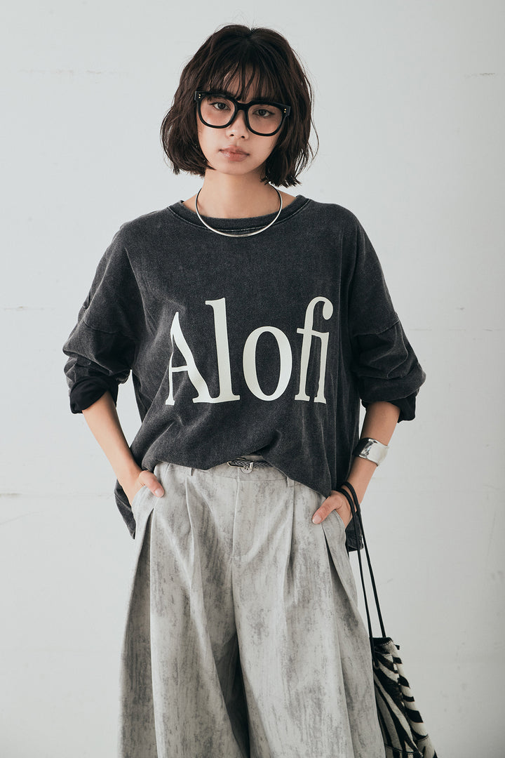 [SET]裾センタードロストロゴプリントワイドTシャツ+紐ベルト付きかすれ柄ワイドスラックス(2set)