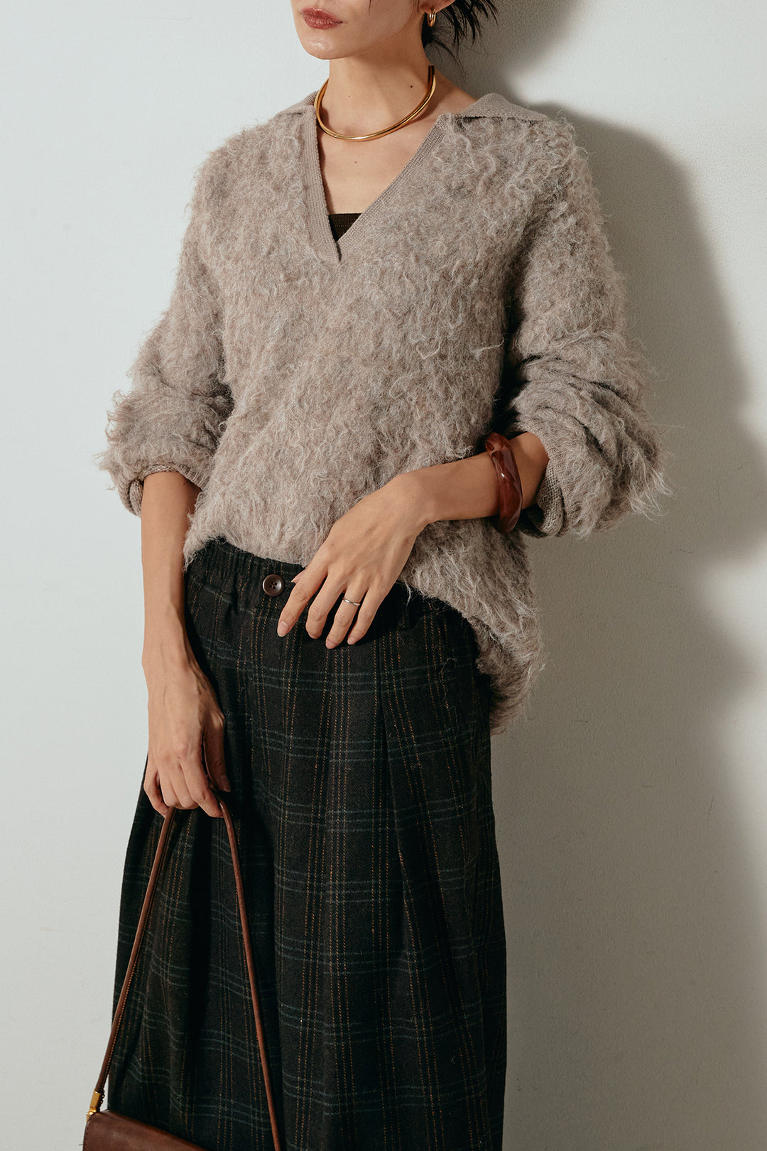 [SET]襟付きシャギーニットポロトップス+タータンチェック柄タックパンツ(2set)