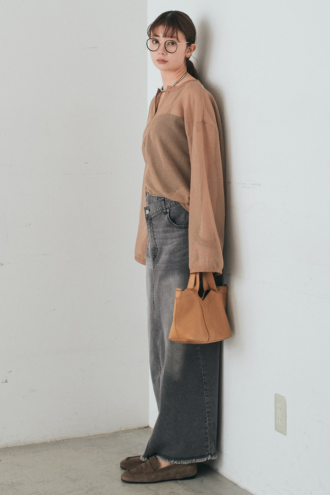 [SET]メッシュカットソースキッパープルオーバー+ウエストクロスデニムタイトスカート(2set)