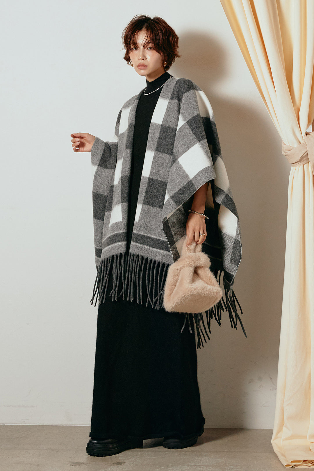 [SET]裾フリンジ柄ポンチョアウター+ノースリーブニットロングワンピース(2set)