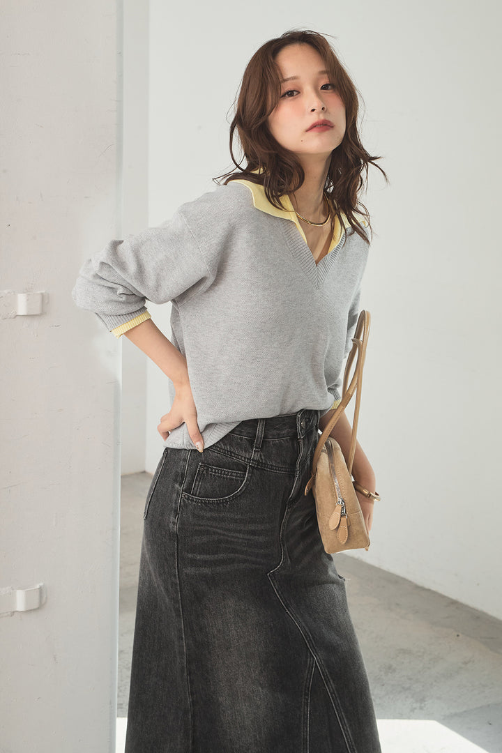 [SET]バイカラーニットレイヤード風プルオーバー+Aラインデニムスカート(2set)