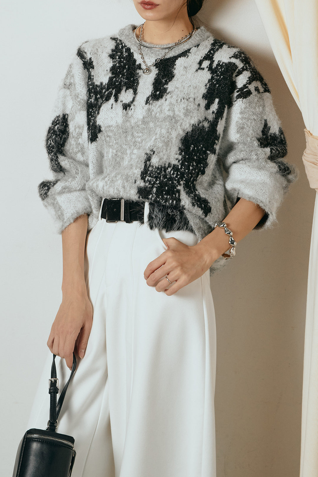 [SET]起毛ニュアンス柄ニットプルオーバー+ファーベルト付きワイドパンツ(2set)