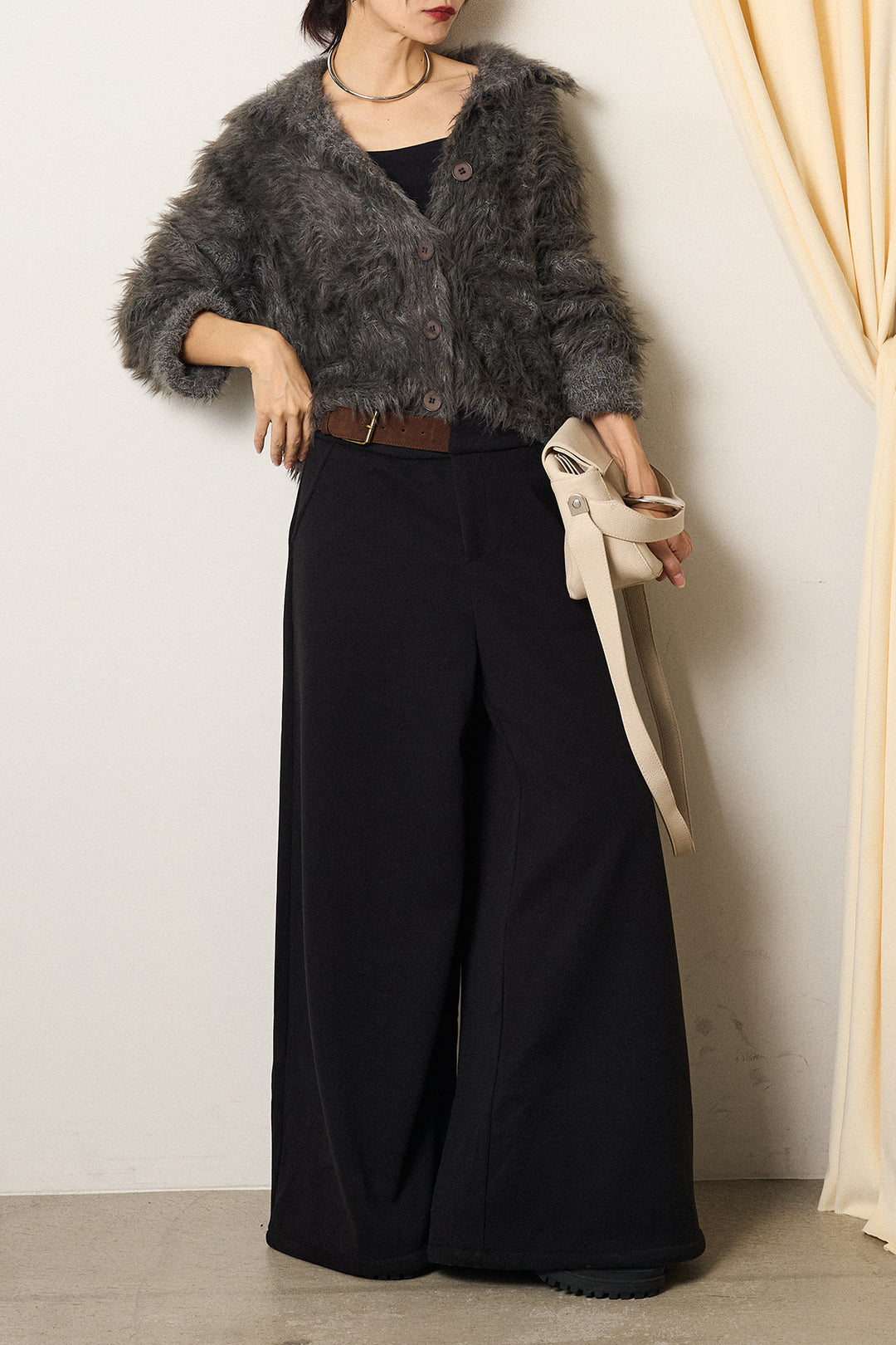 [SET]襟付きシャギーニットカーディガン+サイドベルトパンツ(2set)