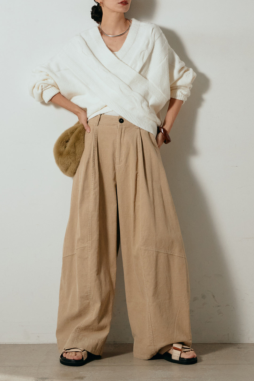 [SET]ケーブルカシュクールニットトップス+タック入りコーデュロイワイドパンツ(2set)