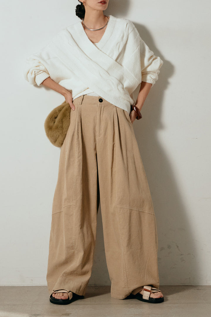 [SET]ケーブルカシュクールニットトップス+タック入りコーデュロイワイドパンツ(2set)