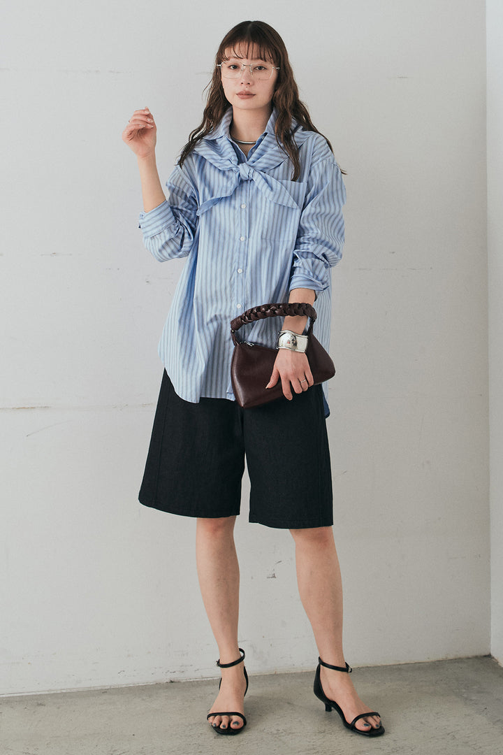 [SET]ランダムストライプスカーフ付きシャツ+デニムハーフパンツ(2set)