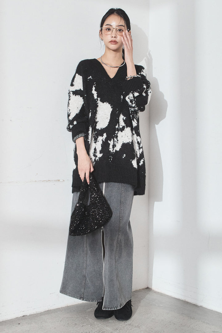 [SET]アブストラクト柄ニットプルオーバー+フロントジップデニムスカート(2set)