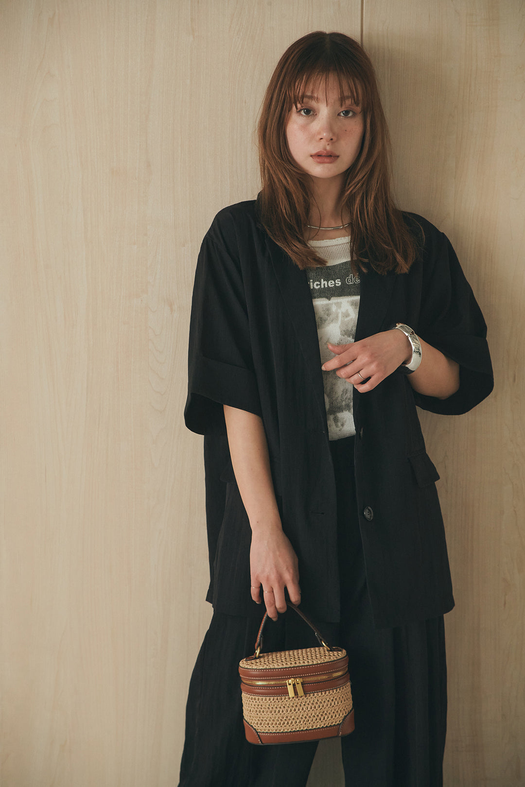 [SET]リネンライクテーラードハーフスリーブジャケット+リネンライク2タックワイドパンツ(2set)