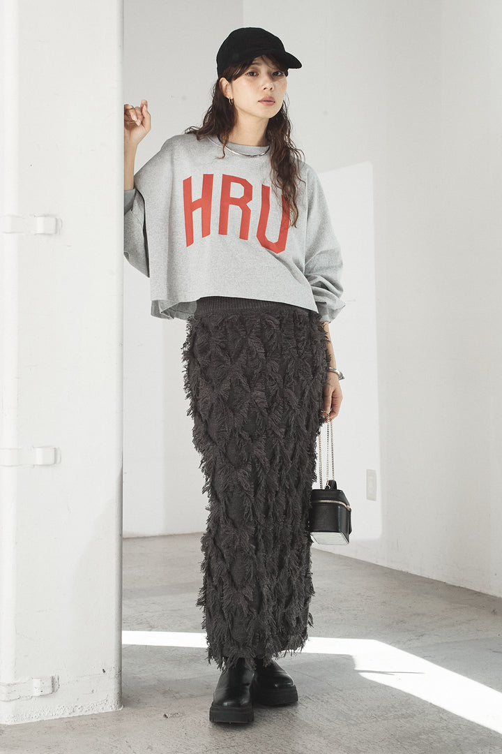 [SET]ビッグロゴHRU袖ボリュームトップス+カットフリンジニットタイトスカート(2set)