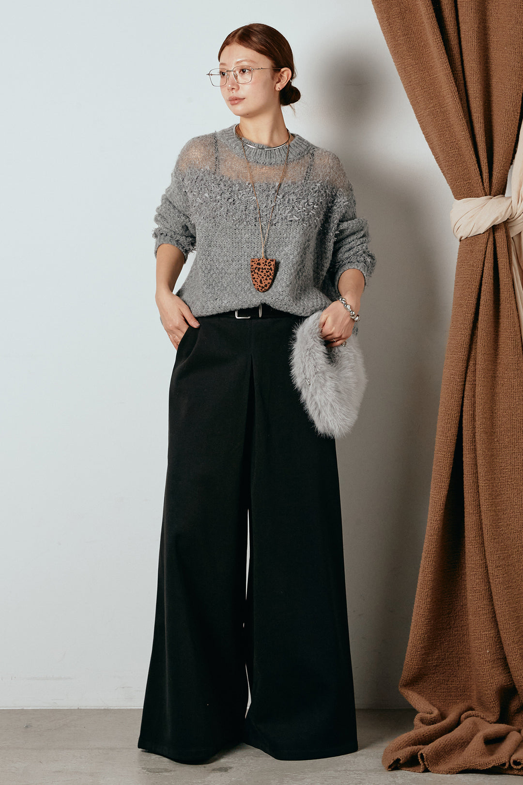 [SET]パターンランダム編みニットトップス+ベルト付きフロントタックデザインパンツ(2set)