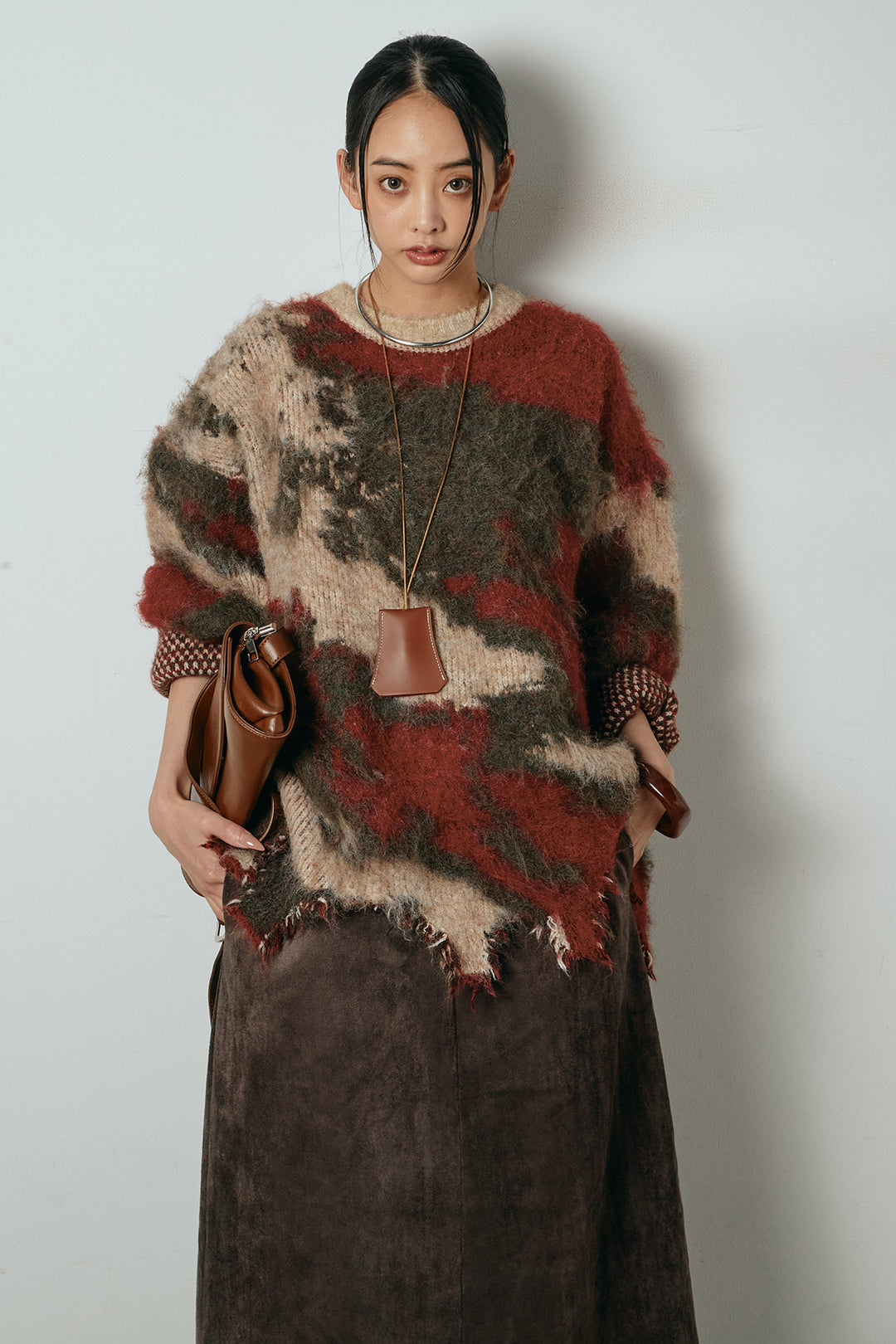 [SET]起毛裾デザインニュアンス柄ニットトップス+エコスウェードワイドスカート(2set)