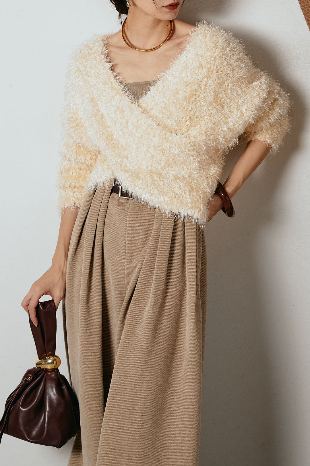 [SET]シャギークロスニットトップス+ベルトループコーデュロイワイドパンツ(2set)