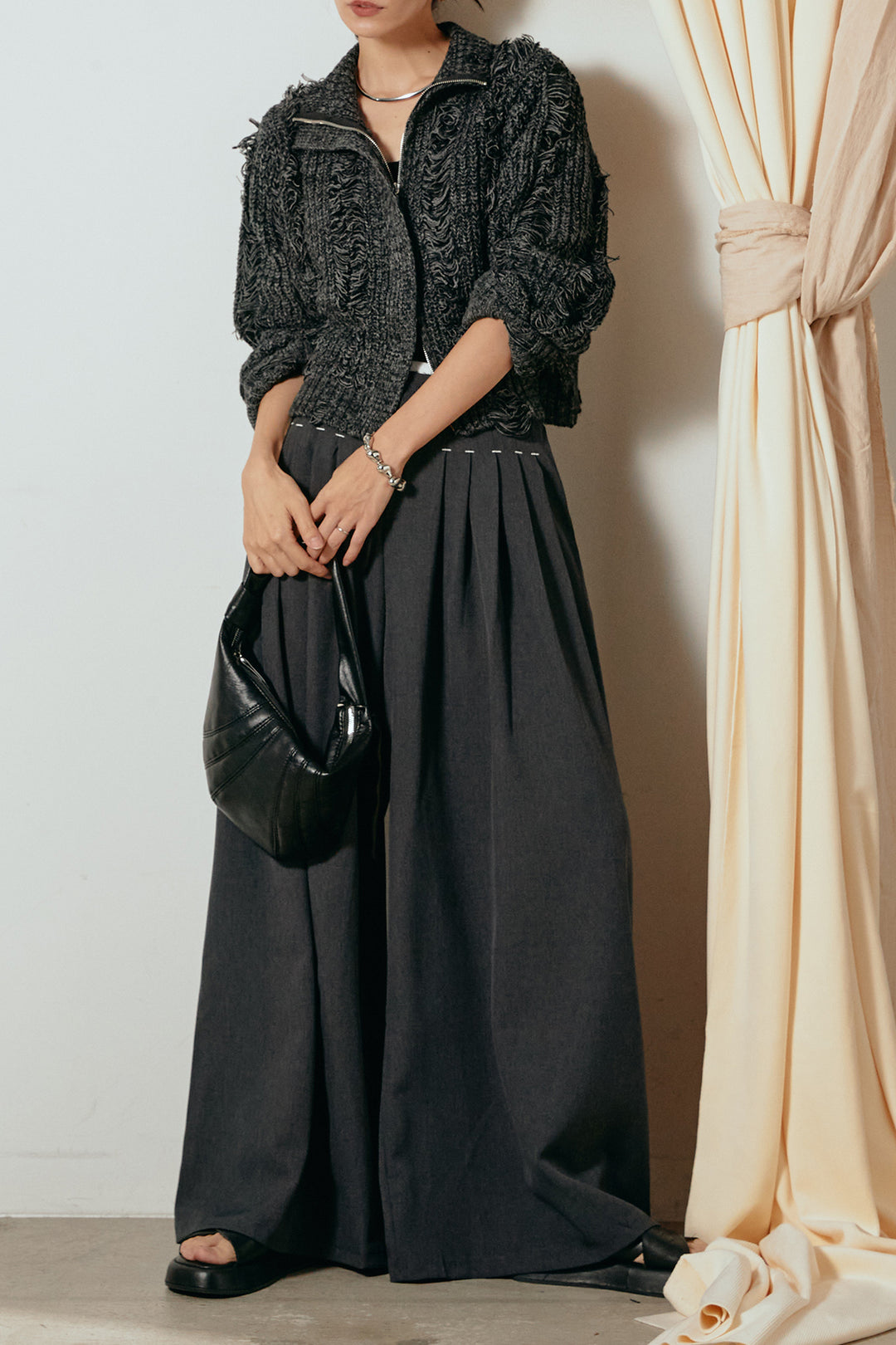 [SET]ハイネックフリンジジップニットトップス+ウエストステッチデザインワイドスラックス(2set)
