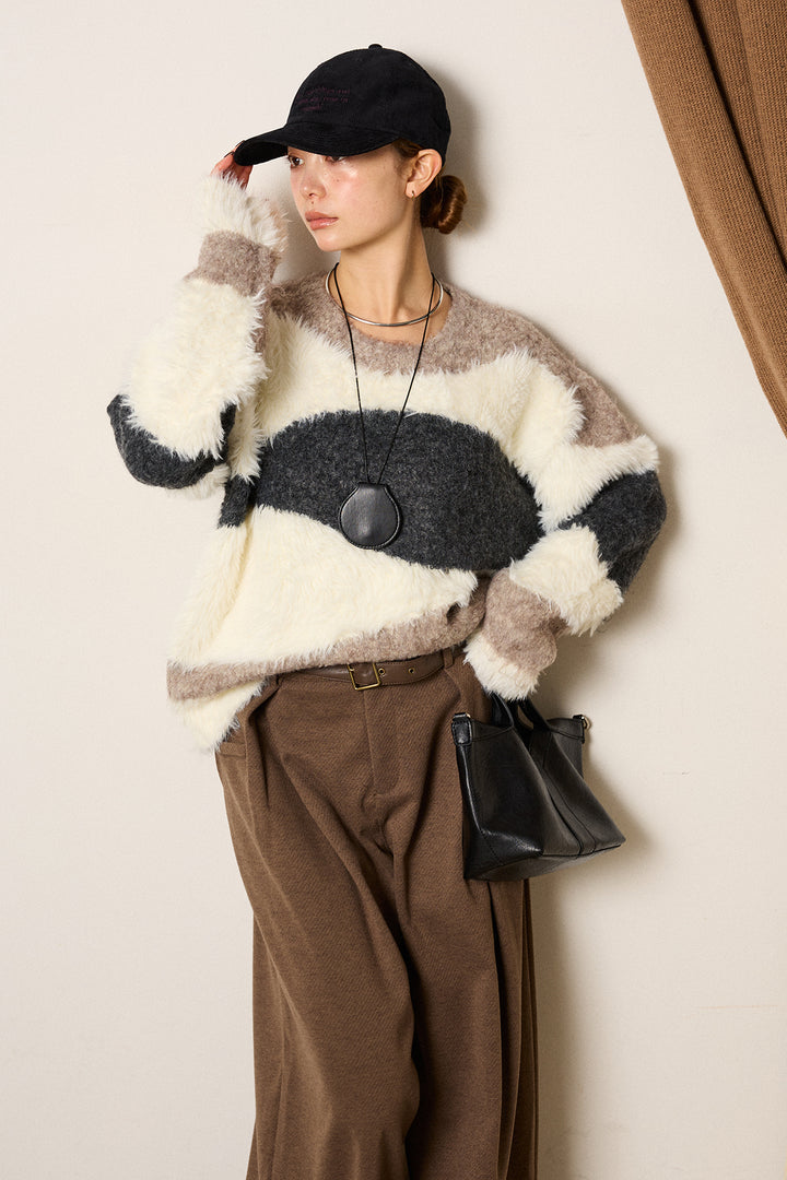 [SET]シャギーウェーブ柄クルーネックニットトップス+細ベルト付き起毛タックワイドパンツ(2set)