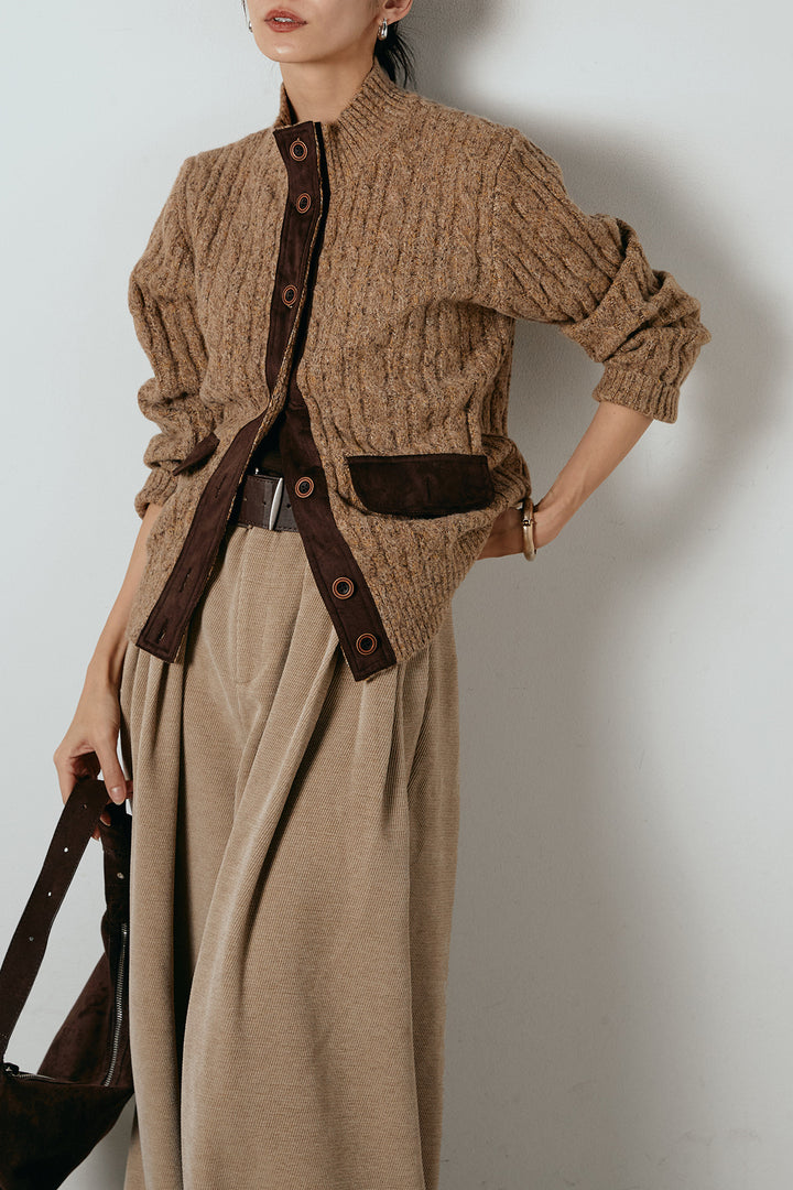 [SET]ボトルネックケーブルニットカーディガン+ベルトループコーデュロイワイドパンツ(2set)
