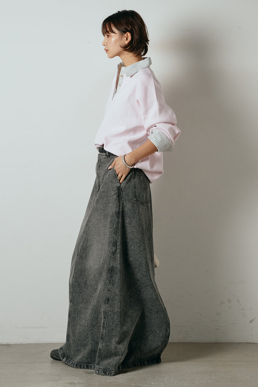 [SET]ストライプシャツドッキングポロトップス+デニムロングフレアスカート(2set)