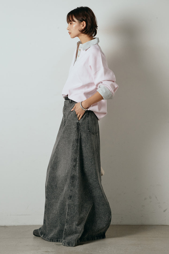 [SET]ストライプシャツドッキングポロトップス+デニムロングフレアスカート(2set)