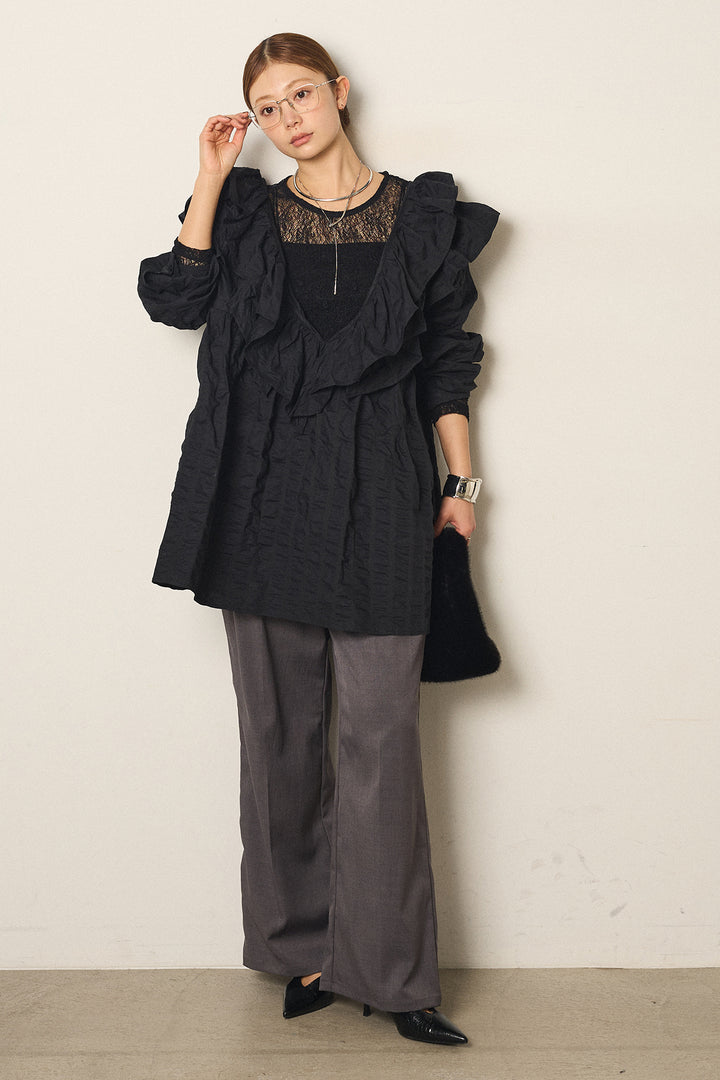 [SET]Vネックフリルカラーブラウス+ツイルスプリングカラータックパンツ(2set)