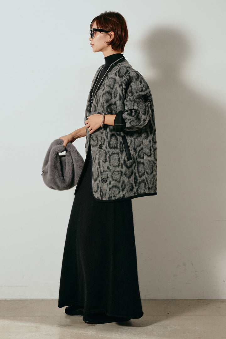 [SET]ノーカラーレオパード柄アウター+ノースリーブニットロングワンピース(2set)