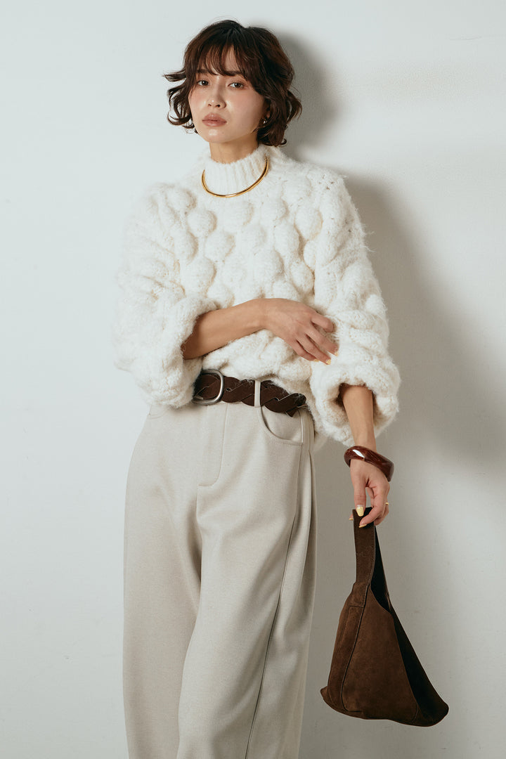 [SET]ボリュームポップコーンニットトップス+編みベルト付きワイドパンツ(2set)