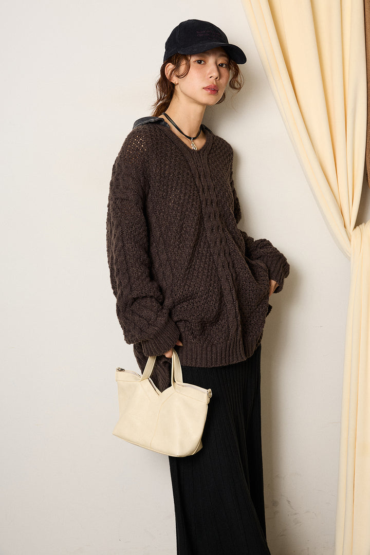 [SET]デニムカラーケーブルオーバーニット+編み地切り替えフレアニットスカート(2set)