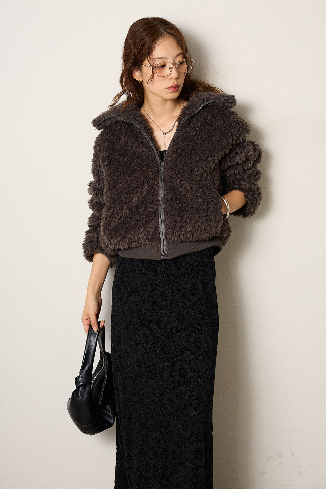 [SET]スタンドカラー裾リブボアブルゾン+花柄刺繍ベロアフレアスカート(2set)