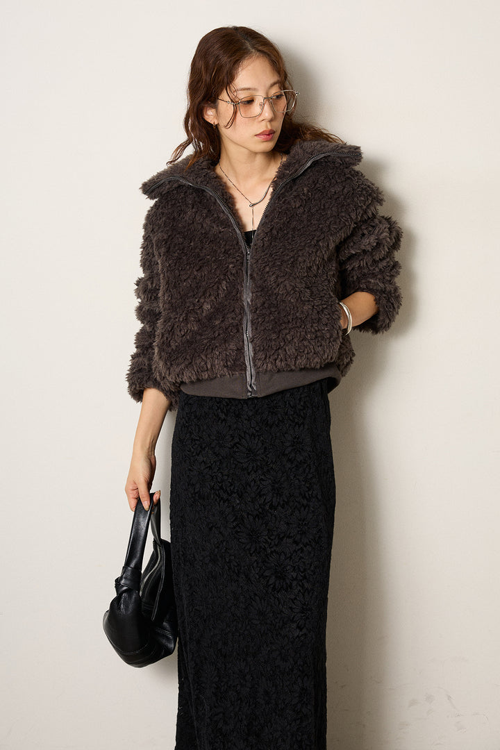 [SET]スタンドカラー裾リブボアブルゾン+花柄刺繍ベロアフレアスカート(2set)