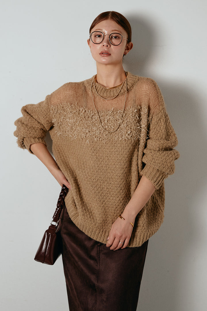 [SET]パターンランダム編みニットトップス+スウェードライク裾フリンジスカート(2set)