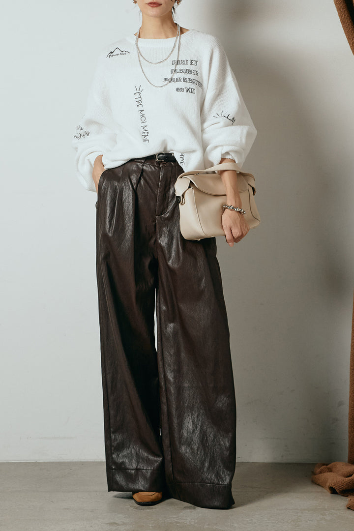 [SET]刺繍ロゴランダムデザインニットトップス+ベルト付きレザーライクタックパンツ(2set)