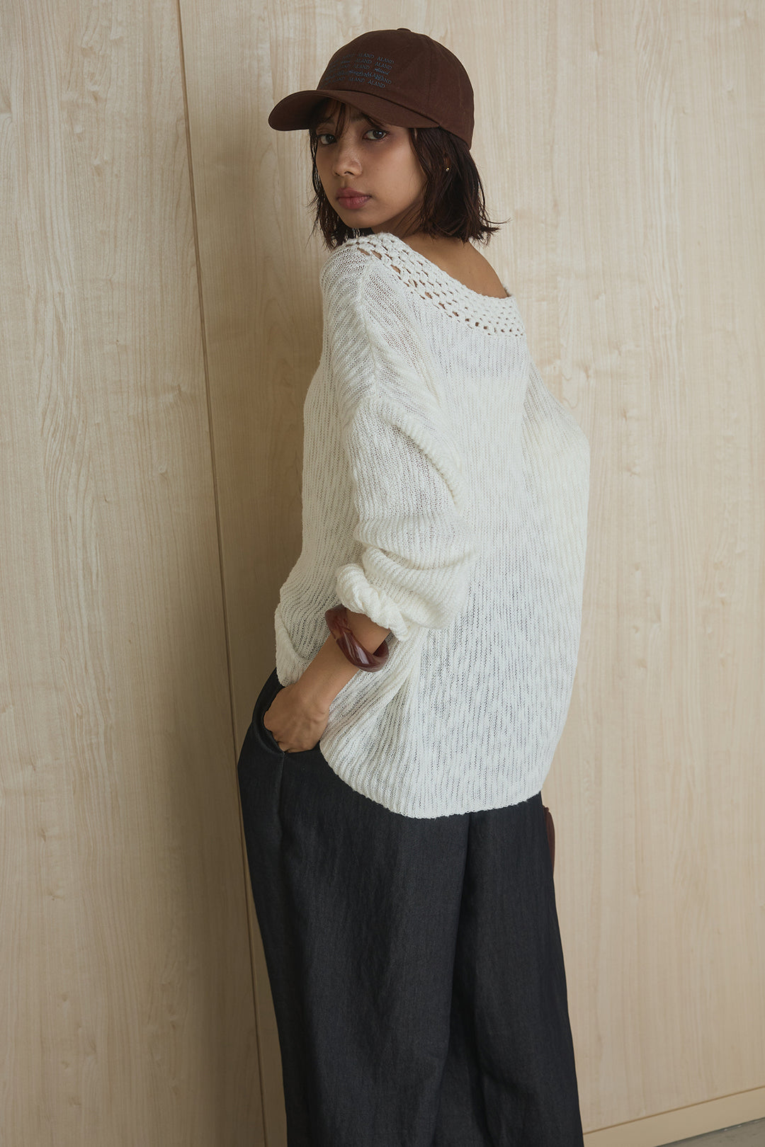 [SET]ネック編みデザインニットトップス+ウエスト折り返しワイドパンツ(2set)