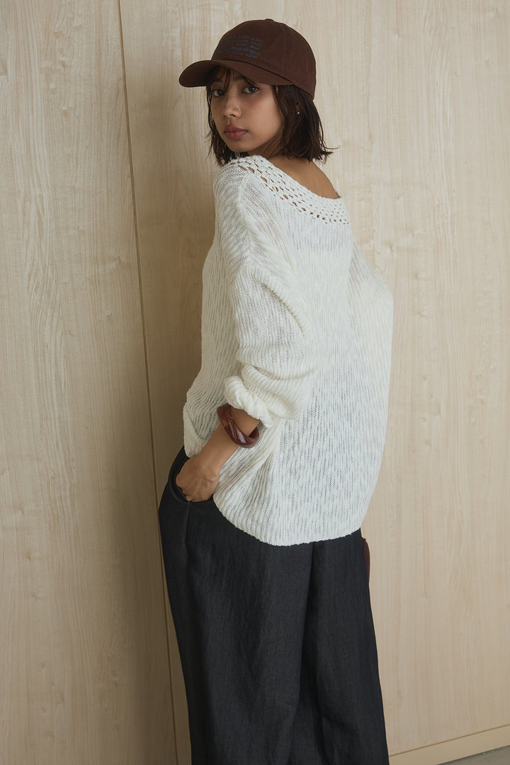 [SET]ネック編みデザインニットトップス+ウエスト折り返しワイドパンツ(2set)