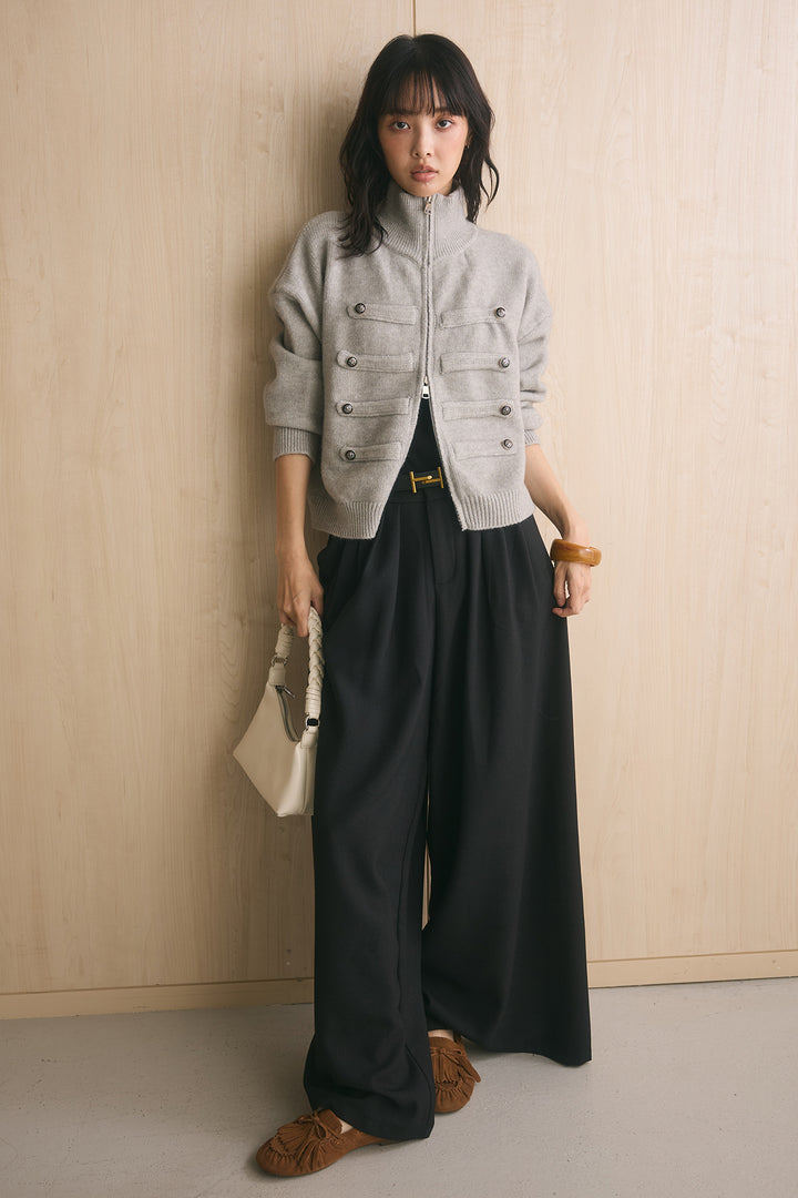 [SET]ナポレオンボタンハイネックニットブルゾン+ゴールドバックルベルト付きタックワイドパンツ(2set)