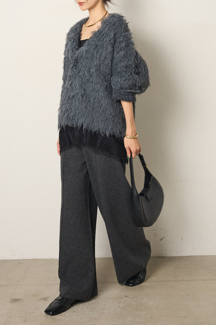 [SET]起毛シャギーニットカーディガン+センターラインニットパンツ+レース切り替えキャミソール(3set)