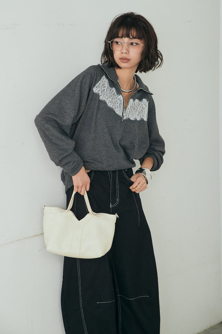 [SET]リバーレースハーフジップ裏毛スウェット+ツイル配色ステッチバレルパンツ(2set)