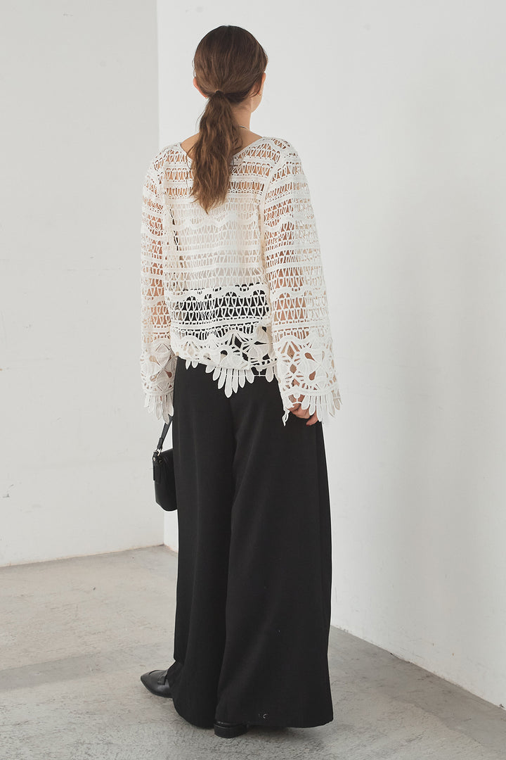 [SET]裾デザインメッシュプルオーバー+ベルト付きツータックワイドパンツ(2set)