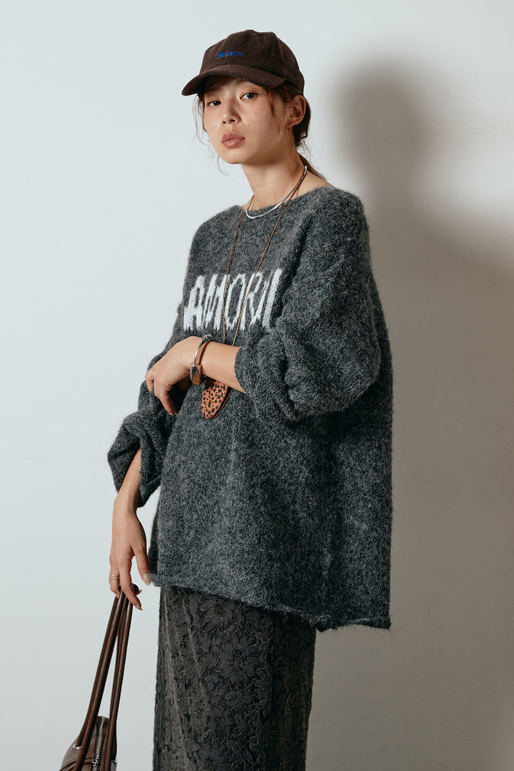 [SET]フロントロゴデザインニットトップス+花柄刺繍ベロアフレアスカート(2set)