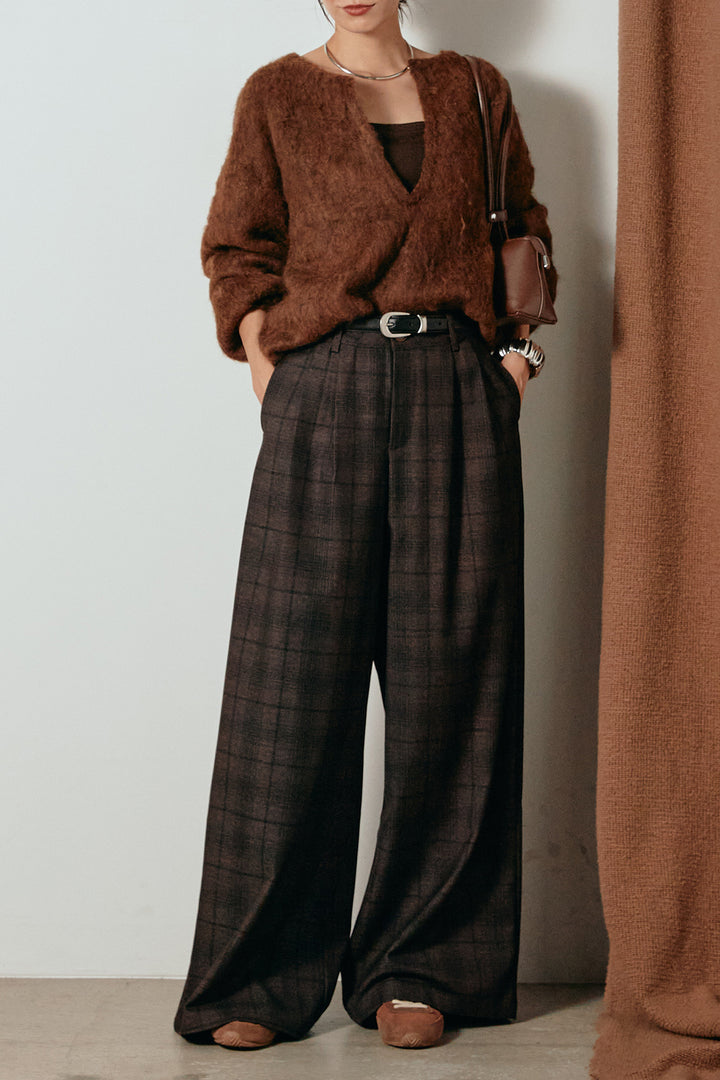 [SET]ミックスシャギー深Vニット+タック入りタータンチェックワイドパンツ(2set)