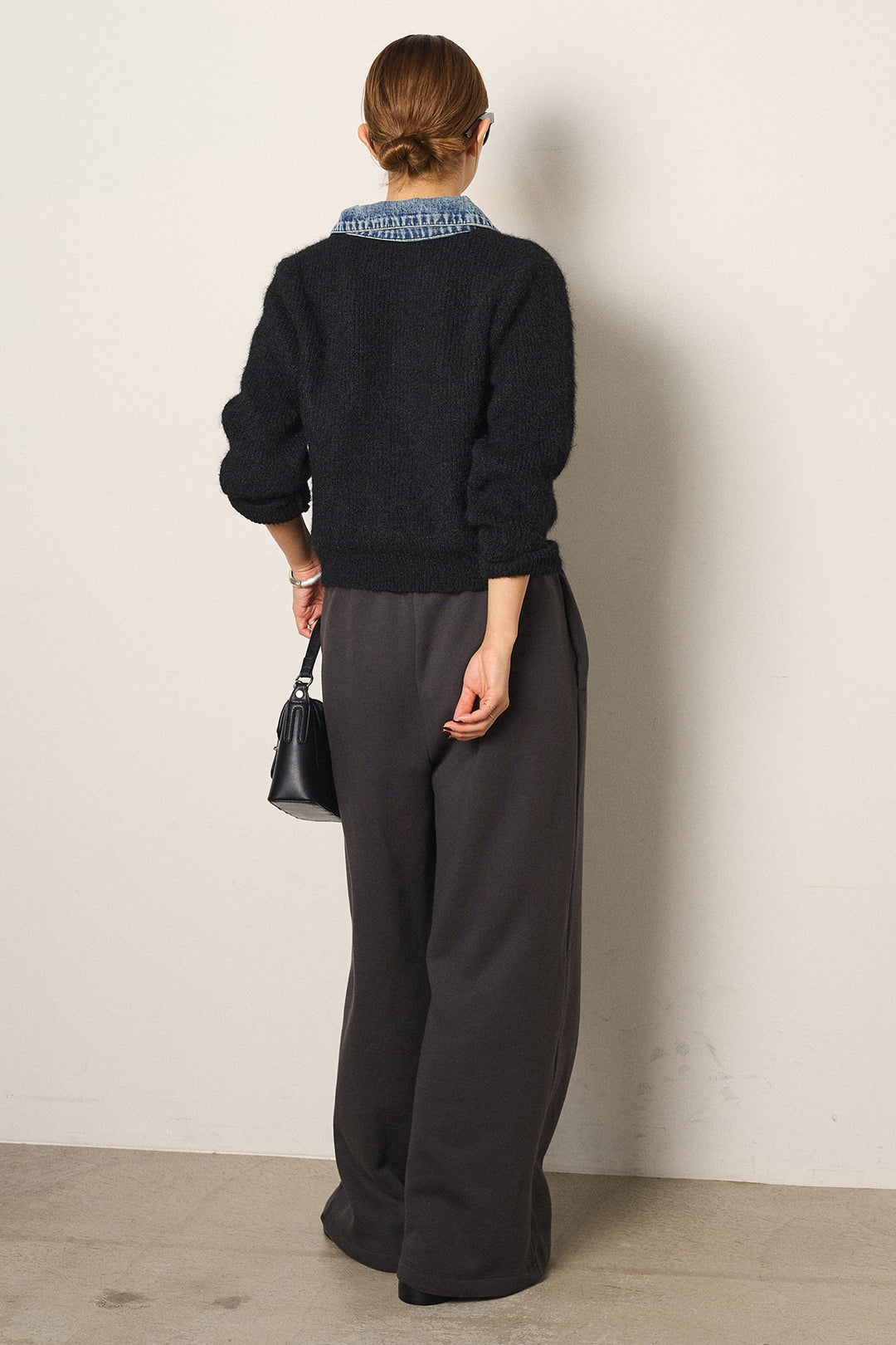 [SET]襟付きデニム切替ニットカーディガン+裏起毛スウェットワイドパンツ(2set)