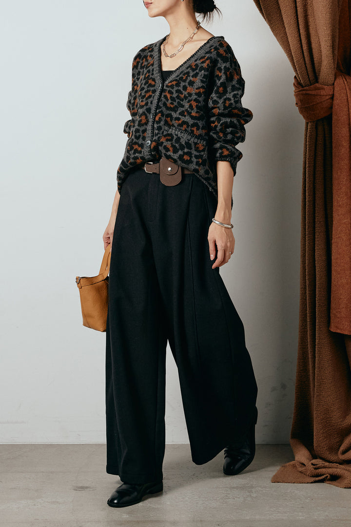 [SET]ステッチデザインレオパードニットカーディガン+ポーチベルト付きカーブパンツ(2set)