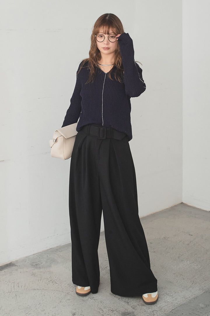 [SET]衿付きニットプルオーバー+ベルト付きツータックワイドパンツ(2set)