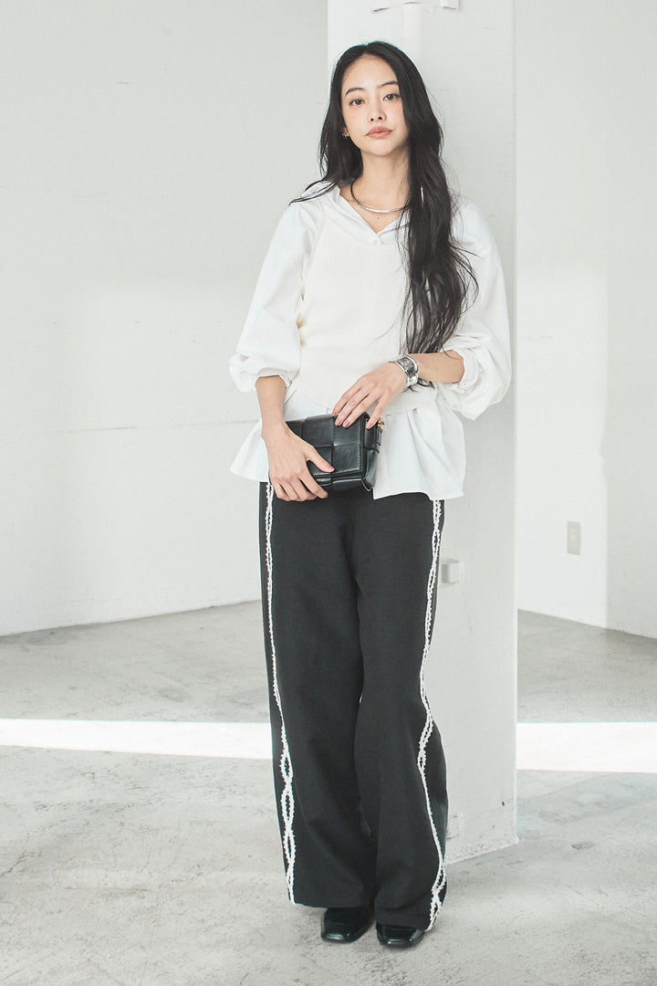 [SET]ニットキャミ付きシャツ+刺繡テープラインパンツ(2set)