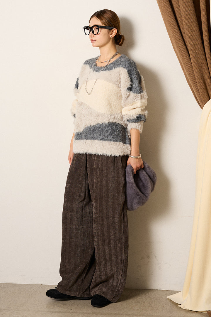 [SET]シャギーウェーブ柄クルーネックニットトップス+かすれデザインワイドパンツ(2set)