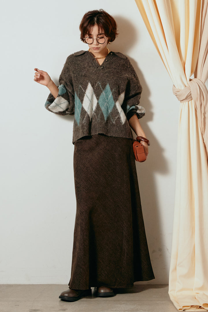 [SET]アーガイル柄ポロニットトップス+スウェードライクロングスカート(2set)