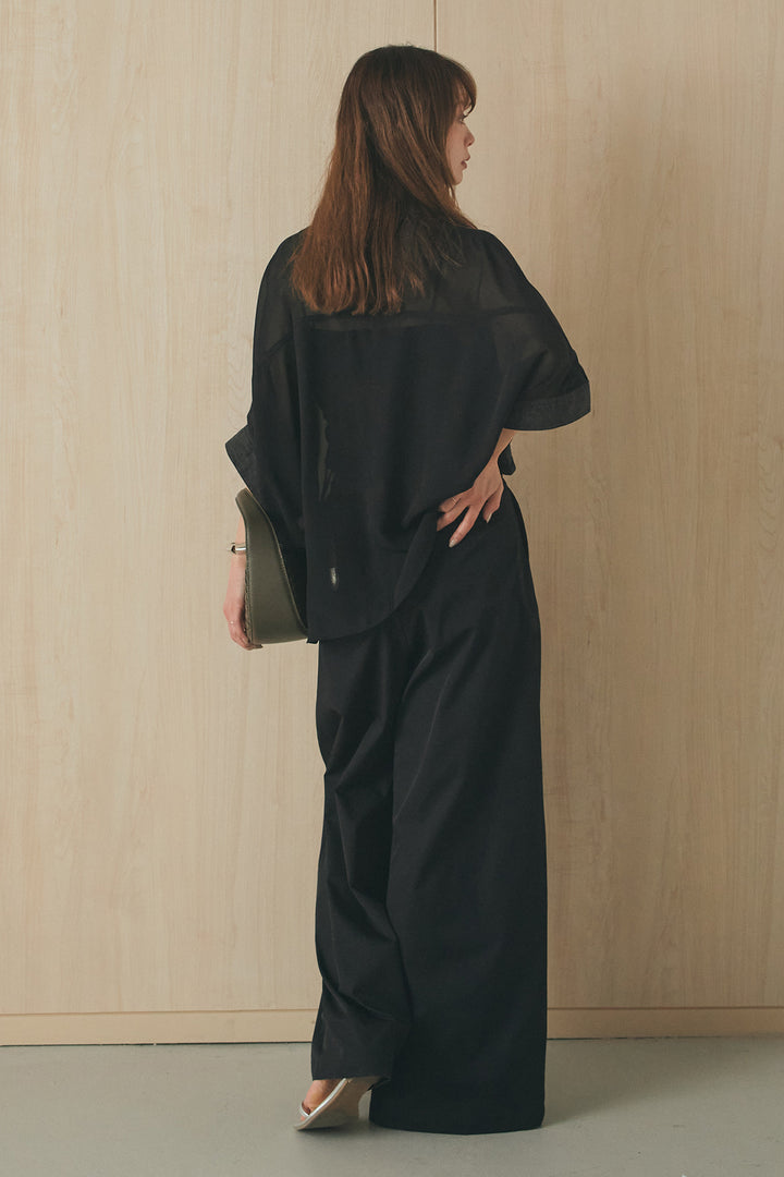 [SET]デニムライクビッグツーポケシアーシャツ+ベルトループデザインハイウエストタックパンツ(2set)