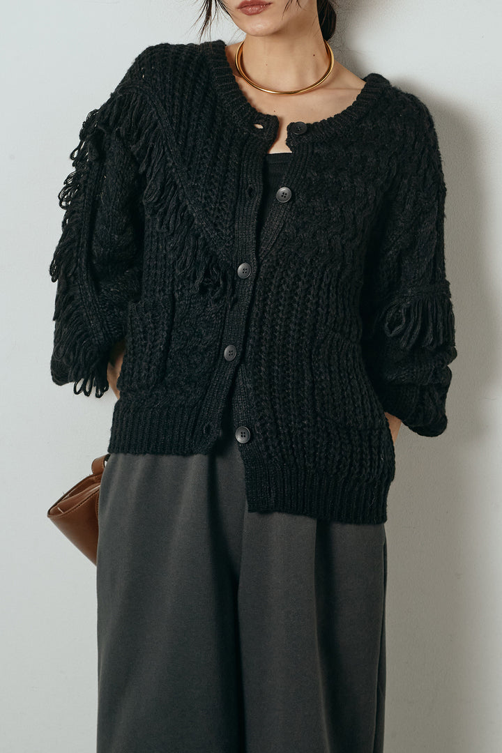 [SET]ランダムフリンジニットカーディガン+裏起毛スウェットワイドパンツ(2set)