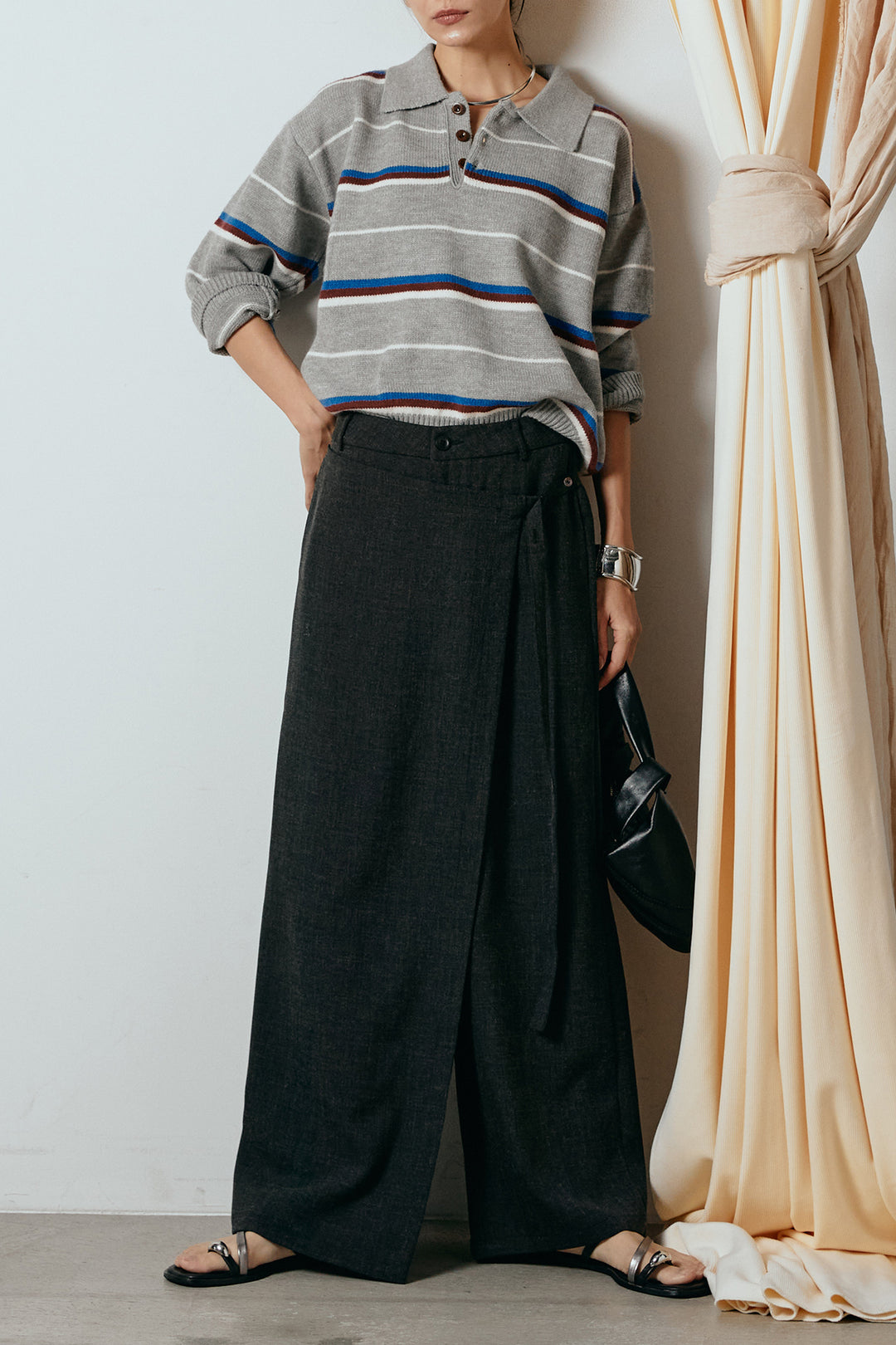 [SET]襟付きマルチボーダーニットポロトップス+ラップ巻きワイドスラックス(2set)