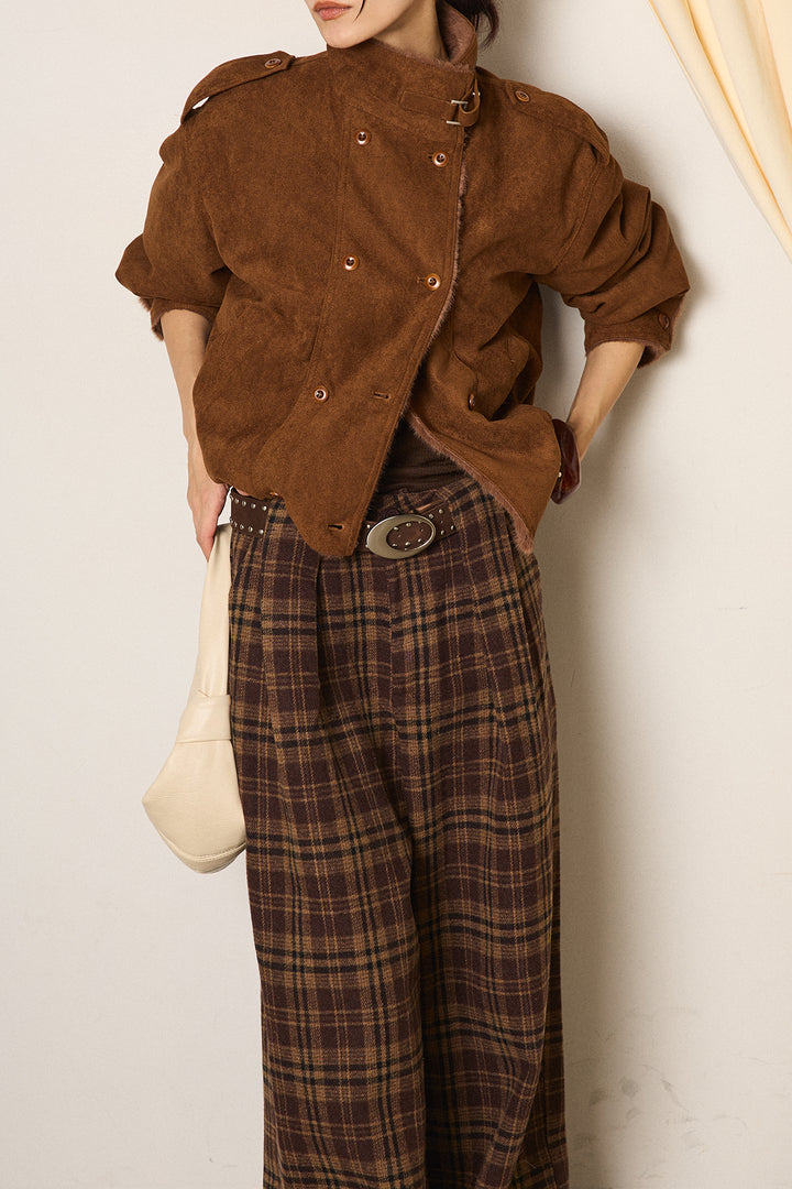 [SET]スタンド襟スウェードライクアウター+スタッズデザインベルトタータンチェックパンツ(2set)