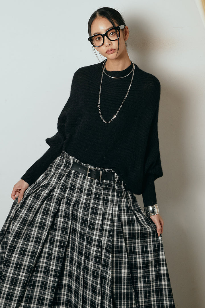 [SET]ポンチョシルエット透かしニットトップス+ベルト付きタータンチェックプリーツスカート(2set)