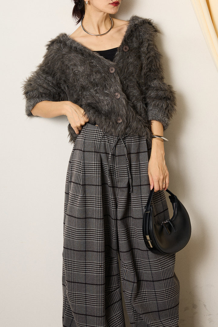 [SET]襟付きシャギーニットカーディガン+グレンチェックルーズタックパンツ(2set)